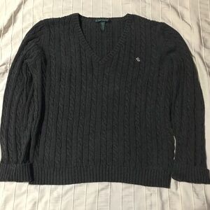 Ralph Lauren V Neck cable knit sweater size L charcoal grey